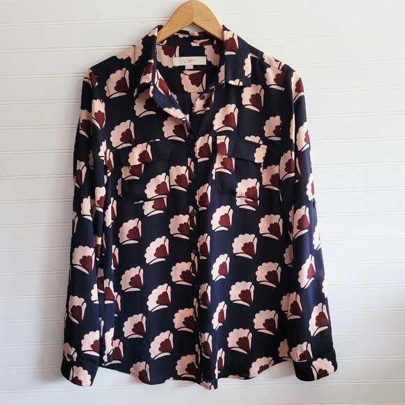 Loft Top Womens Medium Dark Blue Print Blouse Career Roll Tab Sleeve Floral - Picture 1 of 10